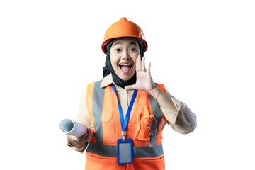 young Asian female construction worker in hijab carrying a roll of blueprints standing and posing, industrial and construction concept, isolated white background.