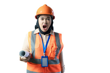 Fototapeta premium Young Asian female construction worker wearing hijab looking very shocked and confused with open mouth, shocked and confused gesture, industrial and construction concept, isolated white background.
