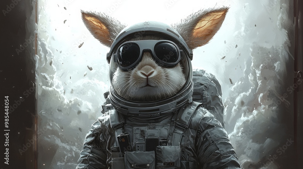Poster rabbit astronaut in spacesuit with goggles emerging from doorway