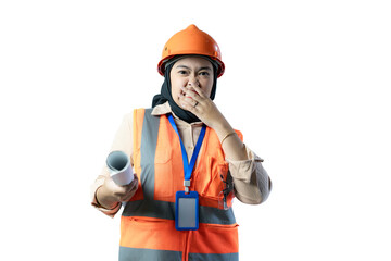 Young Asian female construction worker wearing hijab looking shocked while carrying a roll of blueprints, shocked and confused gesture, industrial and construction concept, isolated white background.