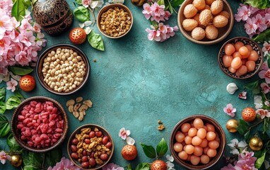 A colorful arrangement of various bowls filled with nuts and dried fruits, surrounded by vibrant flowers on a turquoise background.