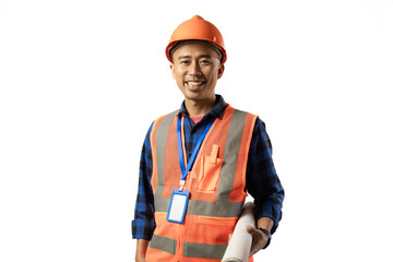 Asian male construction worker in full safety clothing stands looking at the camera confidently while carrying a roll of blueprints, industrial and construction concept, isolated white background.