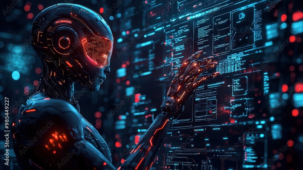 Poster futuristic cyborg robot interacting with digital interface