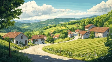 Charming Countryside Village Nestled in Lush Green Hills and Mountains