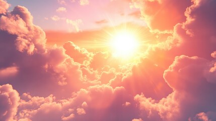 Fototapeta premium Beautiful sun shining through clouds, with dynamic, realistic lighting creating a breathtaking sky filled with vibrant colors and textures