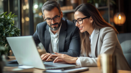 Business team of two happy busy professionals working together using laptop looking at computer. Male executive manager explaining corporate online ai software to female partner sitting at office desk