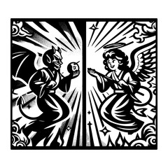 devil vs angel on cartoon style and black and white design