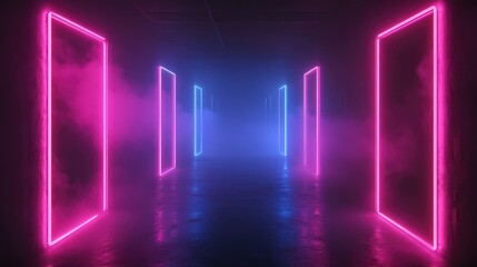 Glowing neon lights frame a pathway through a smoky, dark room, creating a futuristic and mysterious atmosphere.