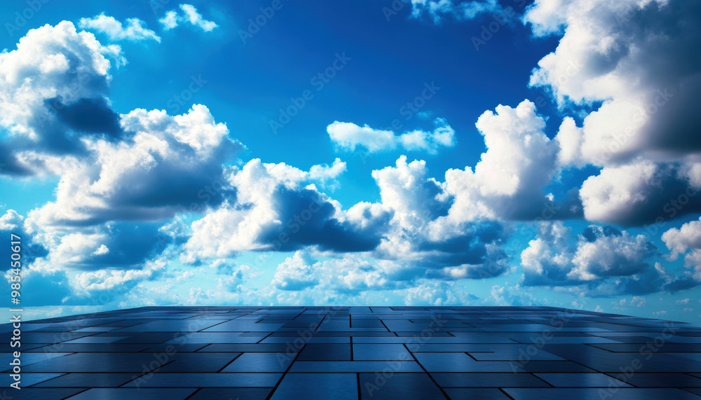 Poster a blue sky with clouds and a large empty space. the sky is clear and the clouds are scattered throug