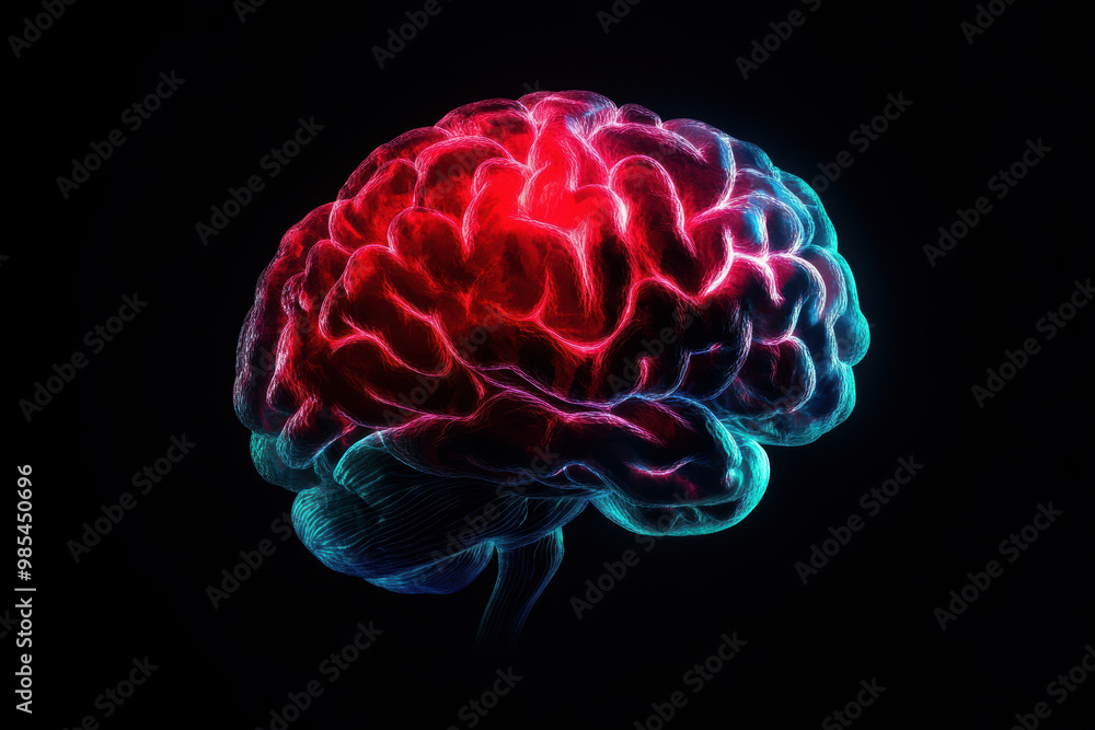 Poster a brain with red and blue colors. the brain is shown in a 3d form. the brain is shown in a very vivi