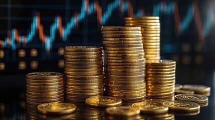 Gold Coins Stacked with Stock Market Chart in Background