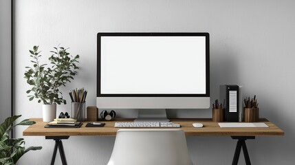 Minimalist Home Office Desk with Computer  Keyboard  Mouse and Plants