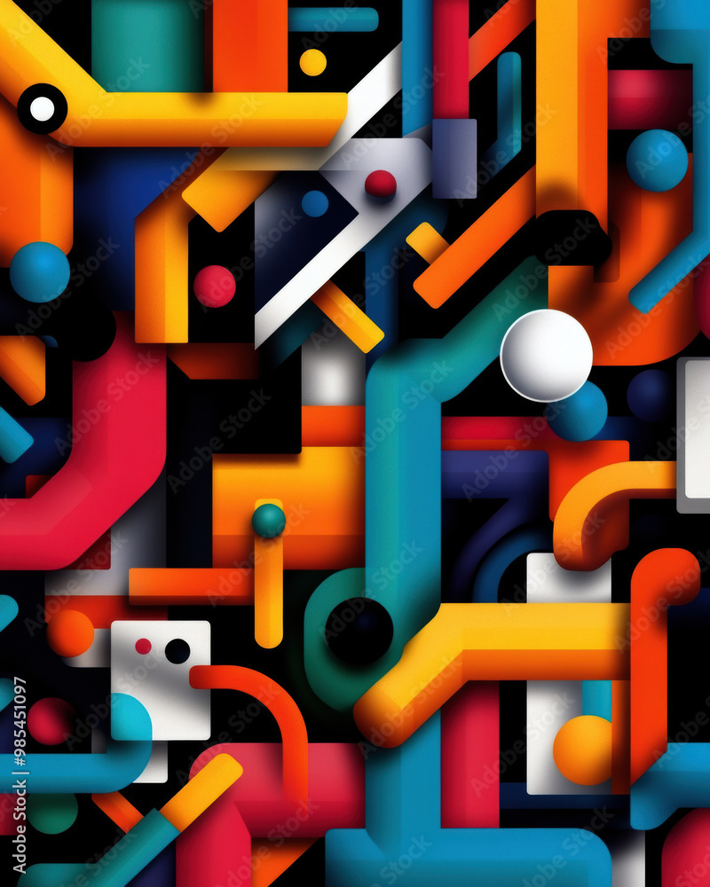 Poster a colorful abstract painting with many different shapes and sizes. the painting is full of bright co