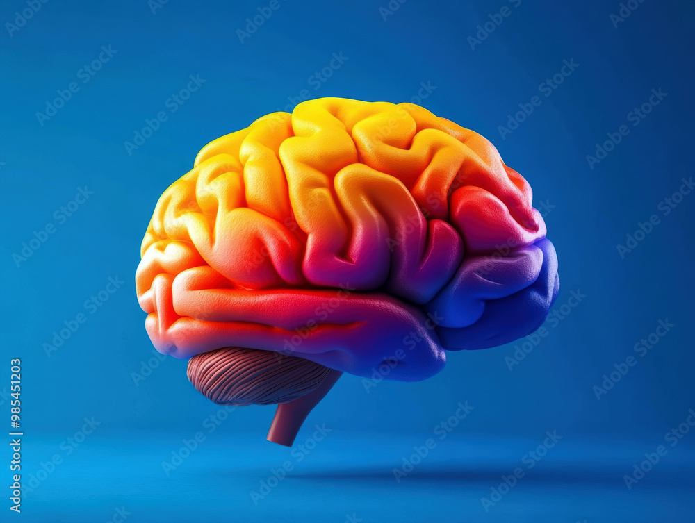 Poster a colorful brain with a blue background. the brain is made of different colors and has a unique appe