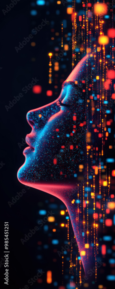 Aufkleber a colorful face with a lot of dots and lines. the face is surrounded by a dark background