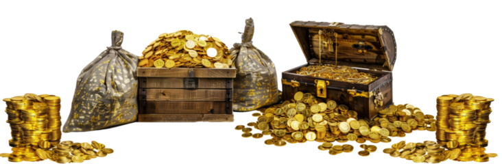 Treasure chest and sacks full of gold coins. Cut out or PNG.