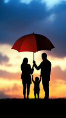 A family of three is standing under a red umbrella. The man is holding the umbrella over the woman and the child. The image has a warm and cozy feeling, as if the family is enjoying a moment together