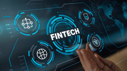 "Fintech" concept with digital icons, financial technology concept.Business, Technology, Internet, and network concept