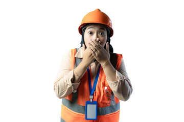 Young Asian female construction worker in hijab who looks shocked while looking at the camera, industrial and construction concept, isolated white background.