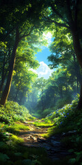 A forest path with a clear blue sky above. The trees are lush and green, and the sunlight is shining through the leaves. Scene is peaceful and serene, as if one were walking through a quiet