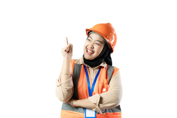 Young Asian female construction worker in hijab standing confidently pointing upwards, industrial and construction advertising concept, isolated white background.