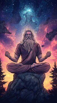 Brahma in a cosmic landscape, shaping the heavens and earth, Hindu mythology of divine creation