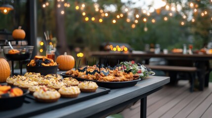 Halloween BBQ with pumpkin-shaped corn muffins bat-wing chicken wings