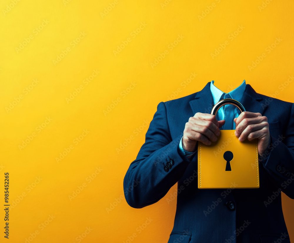 Poster a man in a suit holding a yellow key in front of a yellow background. concept of security and import