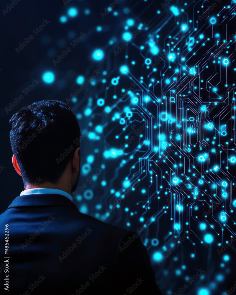 Poster a man in a suit is looking at a computer screen with a blue background. concept of technology and in