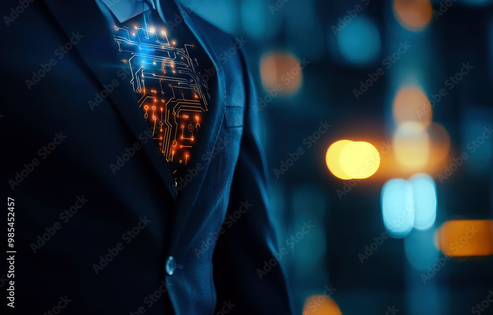 Poster a man in a suit with a tie that has a glowing pattern on it. the image has a futuristic and high-tec