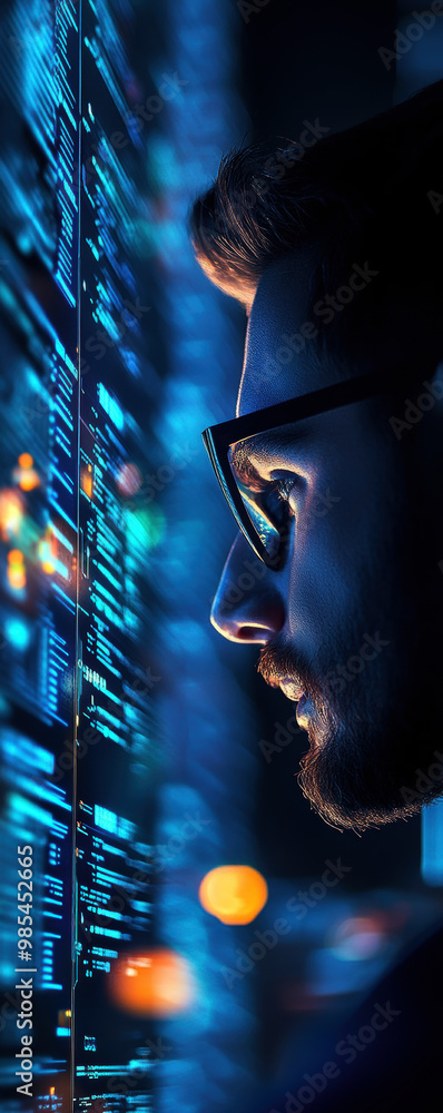 Poster a man is looking at a computer screen with a blue background. he is wearing glasses and has a beard.