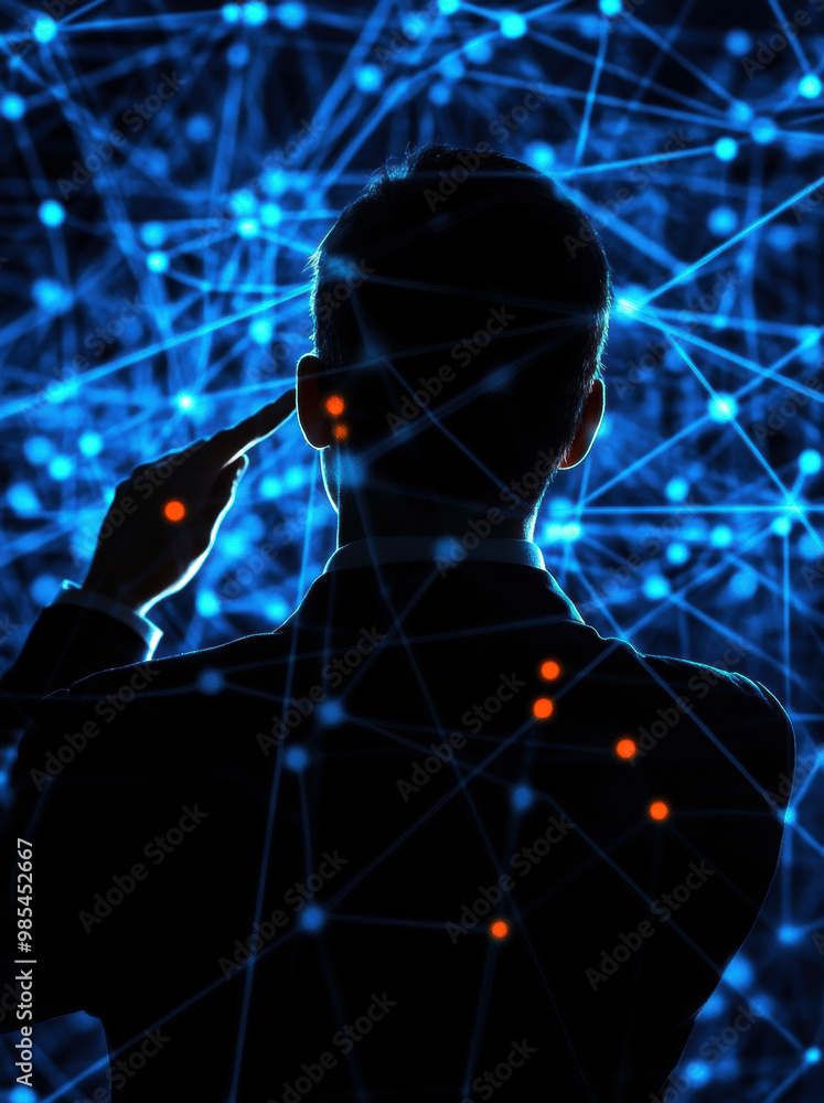 Poster a man is looking at a computer screen with a blue background. he is pointing at something on the scr