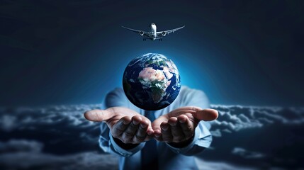Fototapeta premium An airplane soaring above a globe held by two hands,symbolizing the expansive global reach of an airline merger.global, aviation industry, business,International business expansion.