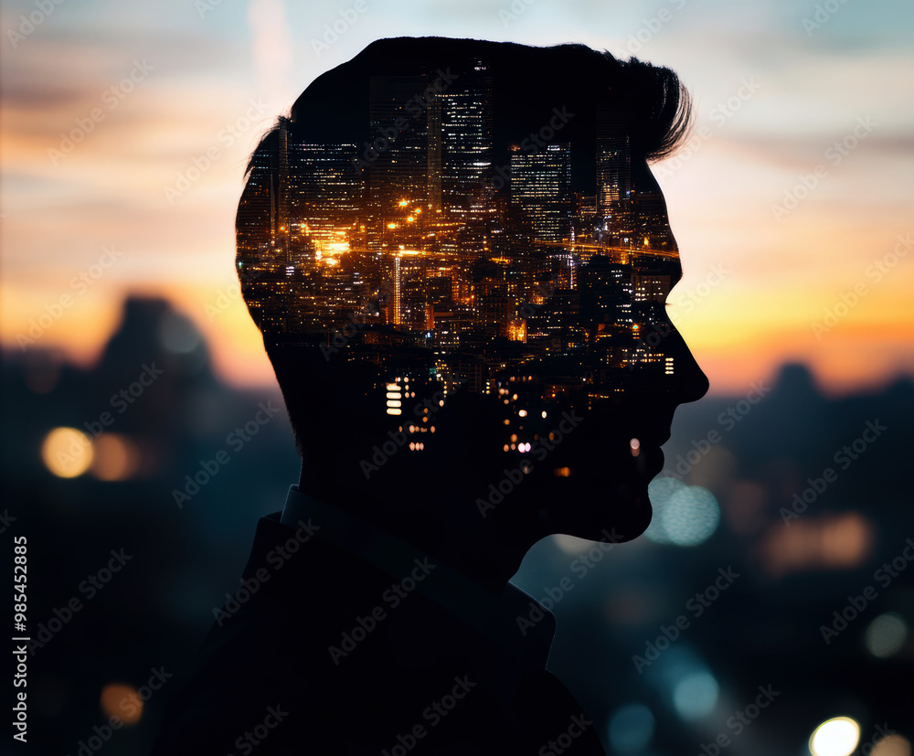 Poster a man's head is shown in silhouette with a cityscape in the background. the cityscape is lit up at n