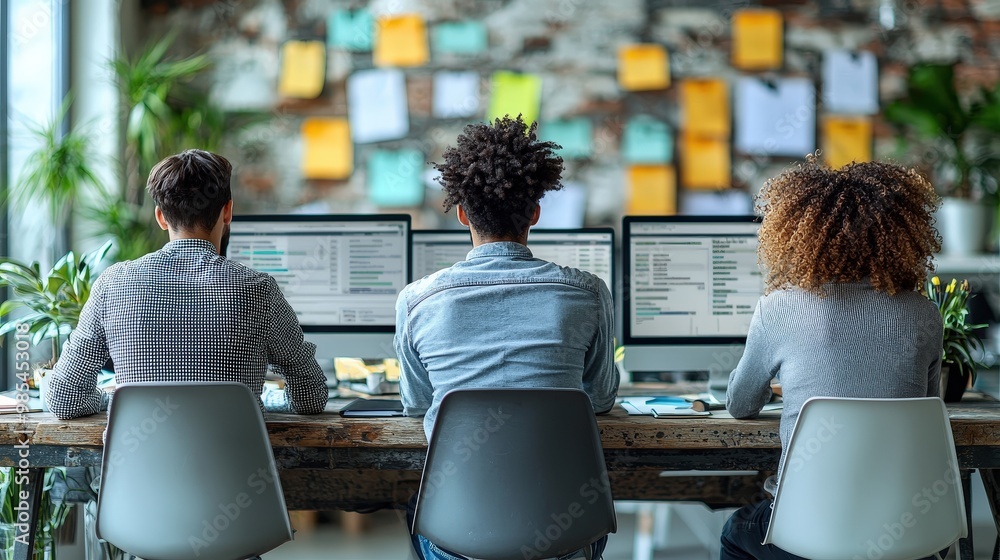 Poster diverse team working on computers in a modern office