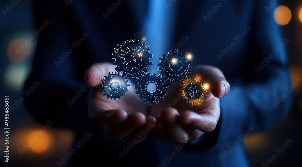 Poster a person is holding a hand full of gears, possibly representing a machine or a complex system. conce