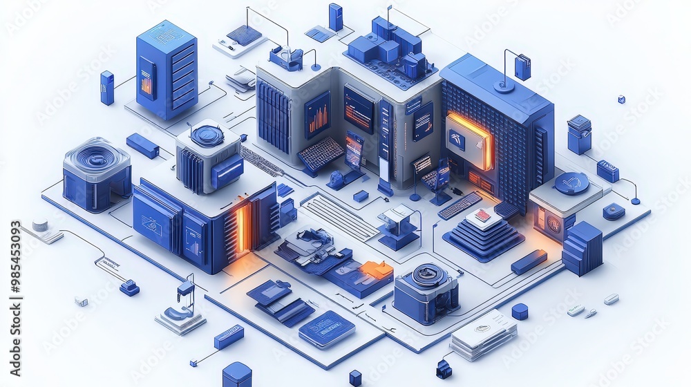Poster isometric d illustration of a modern data center with servers network and technology concepts