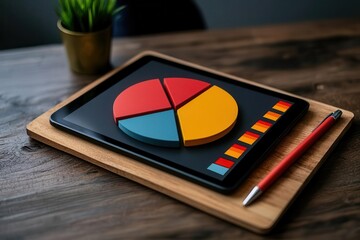 Artistic shot of a digital pie chart and bar graph displayed on a tablet, with colleagues discussing the data in the background Digital statistics, Collaborative analysis
