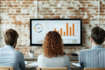 Team in a modern conference room reviewing statistical charts and creating a business presentation together on a large touchscreen Team collaboration, Business presentation tools