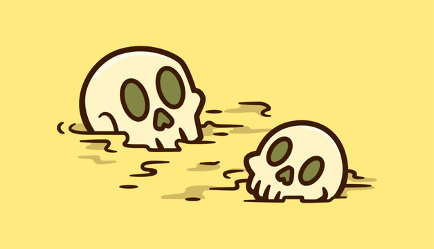 Playful Cartoon Vector Illustration of Two Cute Skulls Floating in Muddy Yellow Background