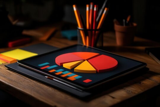 Artistic shot of a digital pie chart and bar graph displayed on a tablet, with colleagues discussing the data in the background Digital statistics, Collaborative analysis