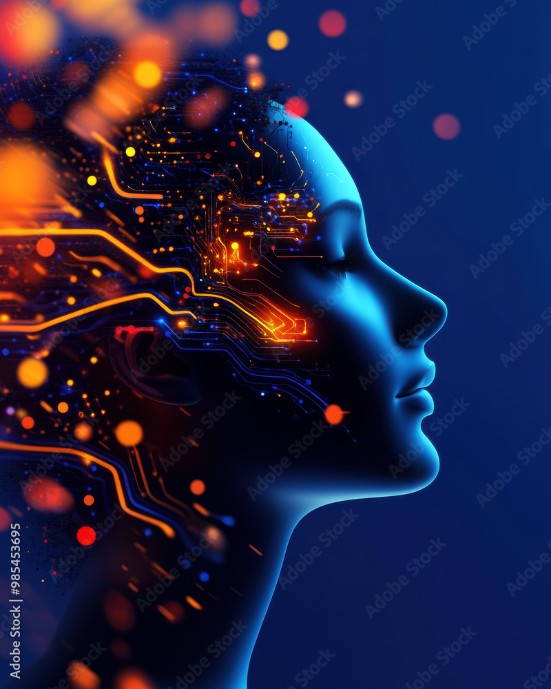 Poster a woman's face is shown with a lot of circuitry and wires. the image is a representation of the brai