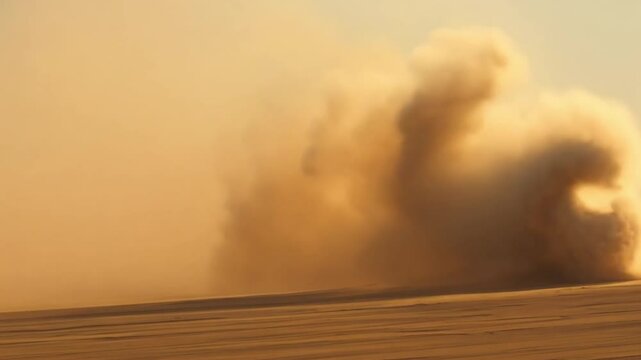 The sand rolling in the air over sand dunes in the desert during a sandstorm on a sunny day