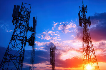 Three tall towers with antennas are silhouetted against a beautiful sunset sky. The towers are connected to a network of communication lines, which are visible in the sky