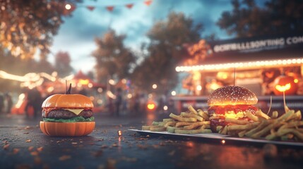 Halloween food truck serving spooky burgers with pumpkin buns glowing green fries