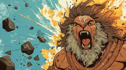 Narasimha, Vishnu s halflion avatar, depicted midroar, bursting out of a stone pillar, Narasimha avatar, divine rage, mythological scene