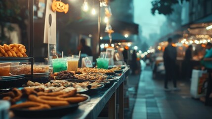 Halloween street market with eerie dishes like bat-wing churros glowing green slushies
