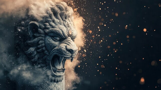 Narasimha, Vishnu s halflion avatar, depicted midroar, bursting out of a stone pillar, Narasimha avatar, divine rage, mythological scene