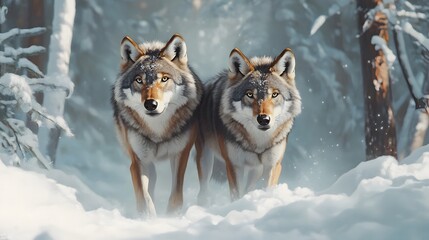 Fototapeta premium Two wolves are walking through the snow in a forest