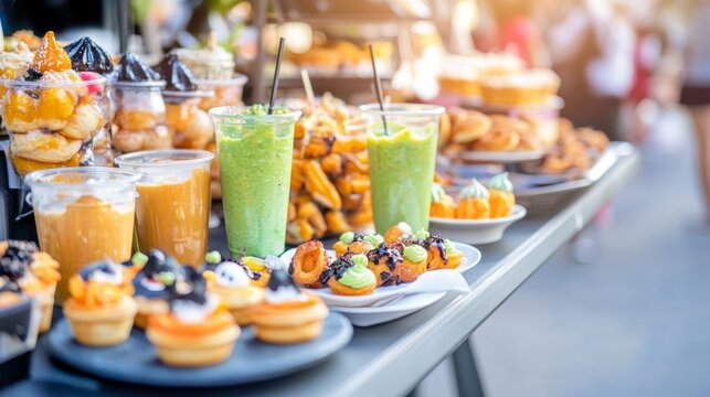 Halloween street vendor offering spooky dishes like ghost-shaped churros green slime drinks